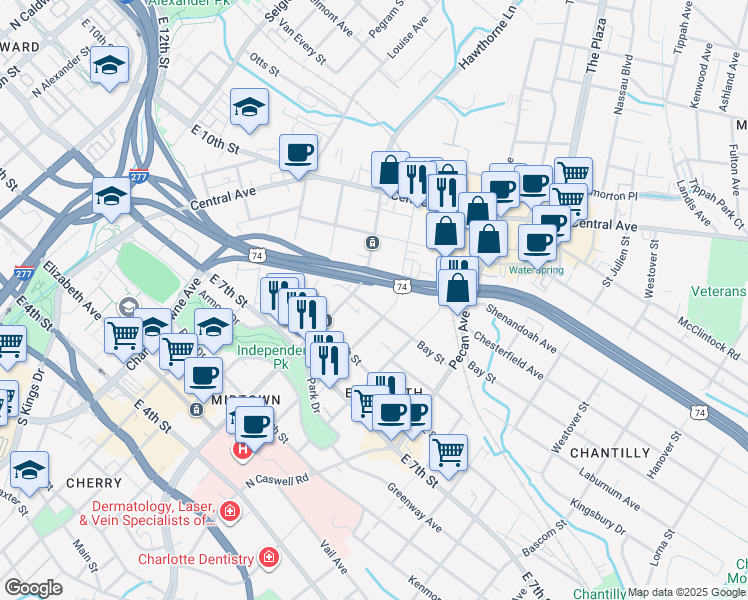 map of restaurants, bars, coffee shops, grocery stores, and more near 601 Lamar Avenue in Charlotte