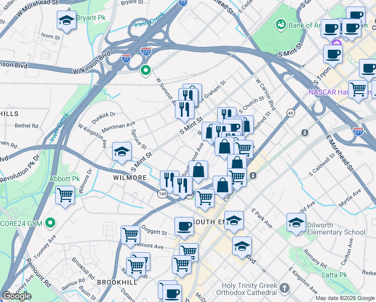 map of restaurants, bars, coffee shops, grocery stores, and more near 300 West Park Avenue in Charlotte