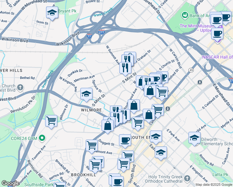map of restaurants, bars, coffee shops, grocery stores, and more near in Charlotte