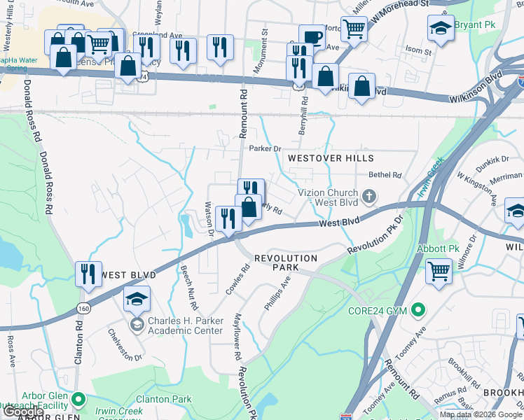 map of restaurants, bars, coffee shops, grocery stores, and more near 1500 West Boulevard in Charlotte