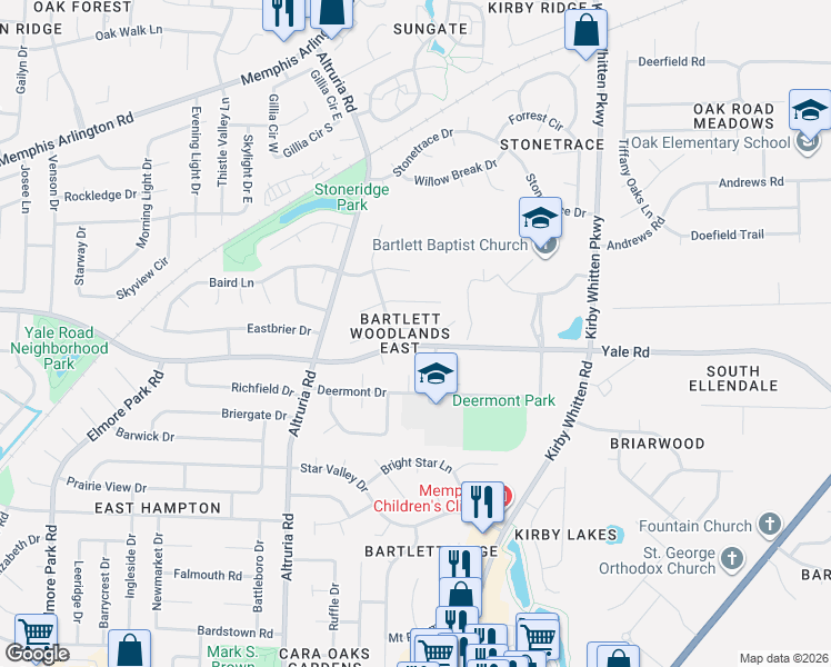 map of restaurants, bars, coffee shops, grocery stores, and more near 6623 Yale Road in Bartlett