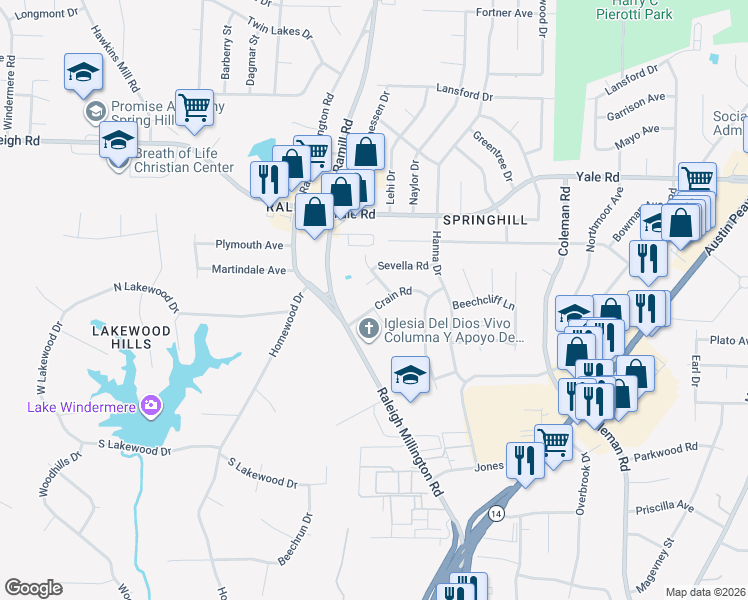map of restaurants, bars, coffee shops, grocery stores, and more near 3344 Crain Cove in Memphis