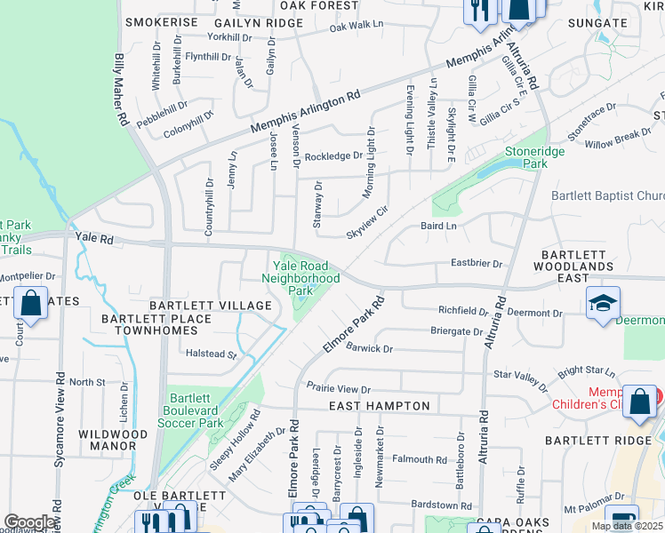 map of restaurants, bars, coffee shops, grocery stores, and more near Yale Road in Memphis