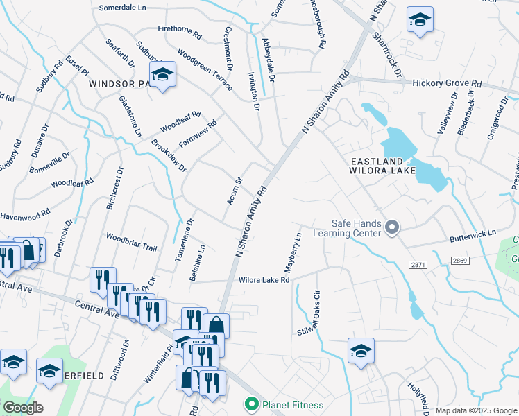 map of restaurants, bars, coffee shops, grocery stores, and more near 4230 North Sharon Amity Road in Charlotte
