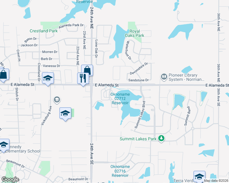 map of restaurants, bars, coffee shops, grocery stores, and more near 109 Boulevard Du Lac in Norman