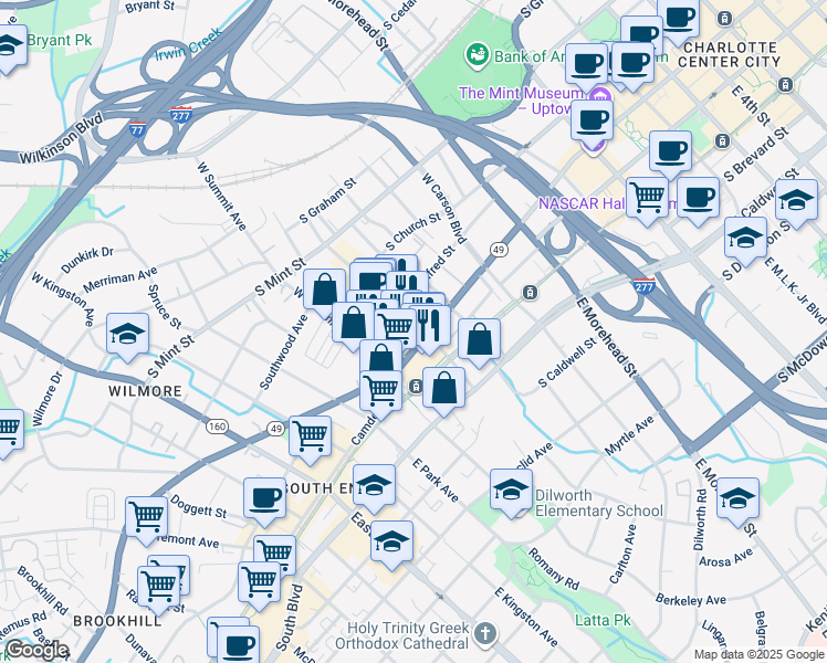 map of restaurants, bars, coffee shops, grocery stores, and more near 1422 South Tryon Street in Charlotte