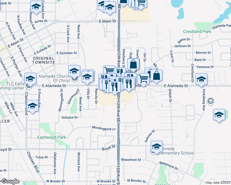 map of restaurants, bars, coffee shops, grocery stores, and more near 110 12th Avenue Southeast in Norman