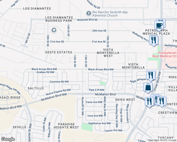 map of restaurants, bars, coffee shops, grocery stores, and more near 11023 Park North Street Northwest in Albuquerque