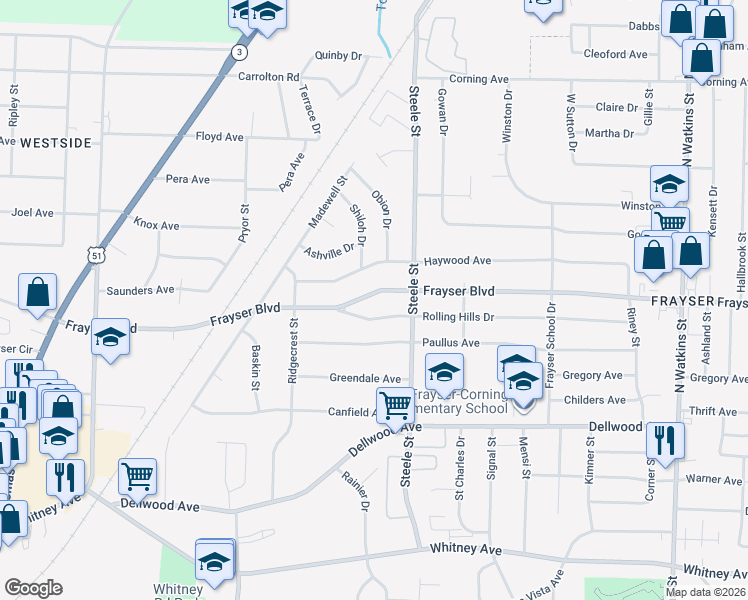 map of restaurants, bars, coffee shops, grocery stores, and more near 1420 Rolling Hills Drive in Memphis
