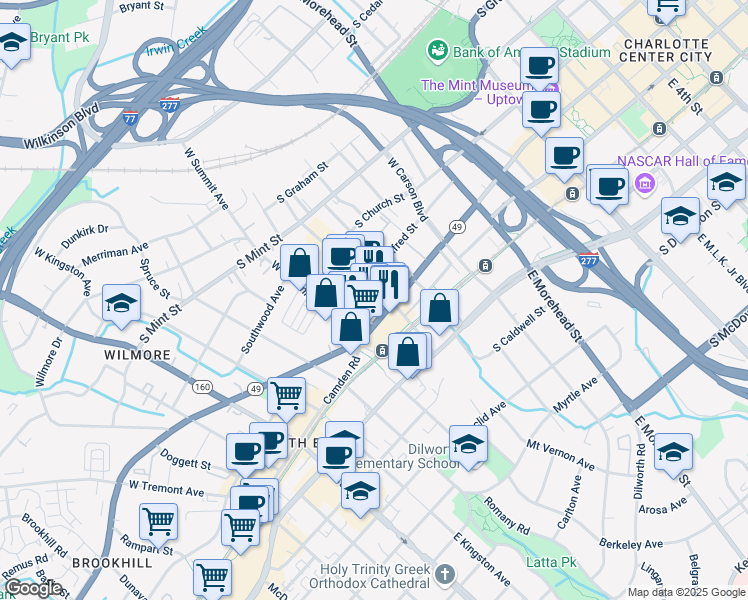 map of restaurants, bars, coffee shops, grocery stores, and more near 1414 South Tryon Street in Charlotte
