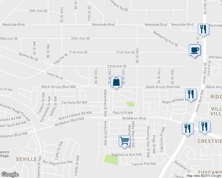 map of restaurants, bars, coffee shops, grocery stores, and more near 11023 Park North Street Northwest in Albuquerque