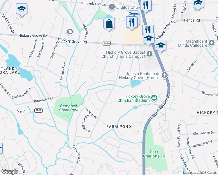 map of restaurants, bars, coffee shops, grocery stores, and more near 6847 Saddle Point Road in Charlotte