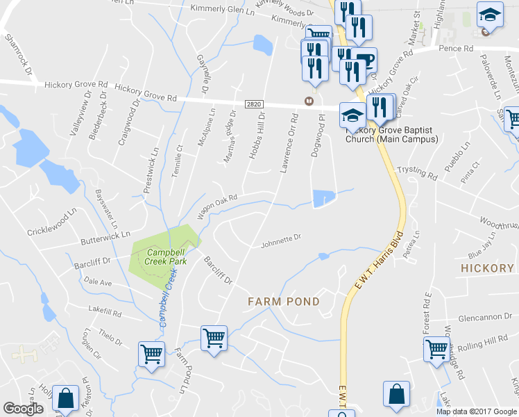 map of restaurants, bars, coffee shops, grocery stores, and more near 6847 Saddle Point Road in Charlotte