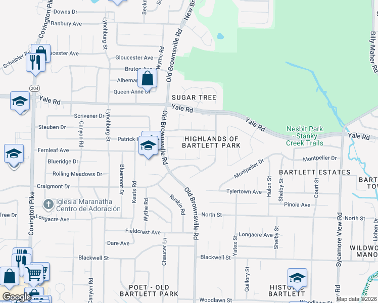 map of restaurants, bars, coffee shops, grocery stores, and more near 3355 Coachouse Cove in Bartlett