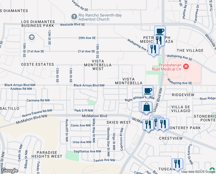 map of restaurants, bars, coffee shops, grocery stores, and more near 5931 Night Rose Avenue Northwest in Albuquerque