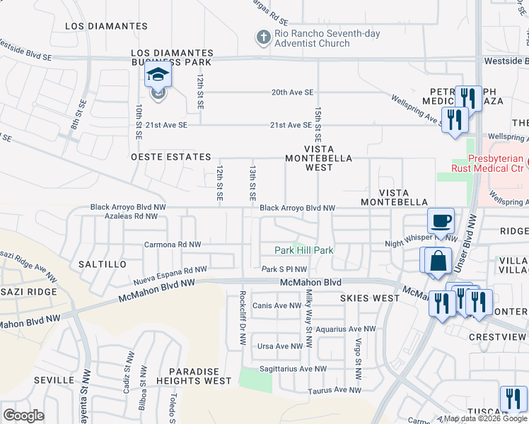 map of restaurants, bars, coffee shops, grocery stores, and more near 6140 Red Rock Park Avenue Northwest in Albuquerque