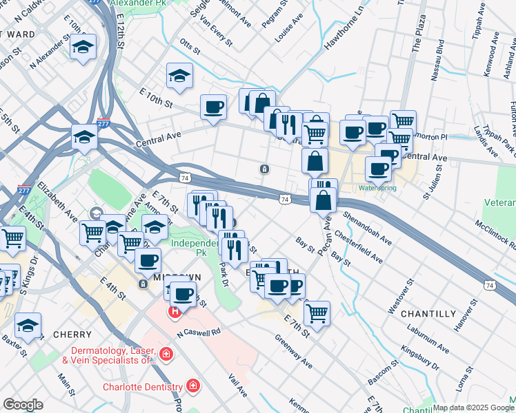 map of restaurants, bars, coffee shops, grocery stores, and more near 522 Hawthorne Lane in Charlotte