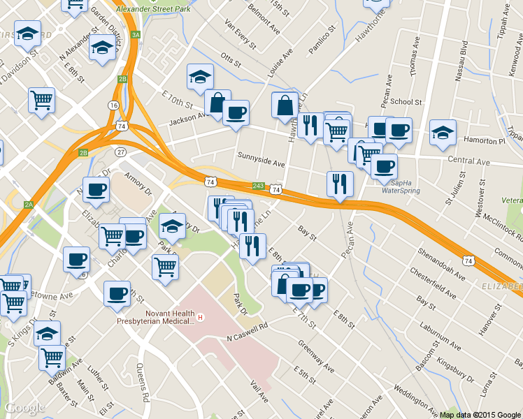 map of restaurants, bars, coffee shops, grocery stores, and more near 522 Hawthorne Lane in Charlotte