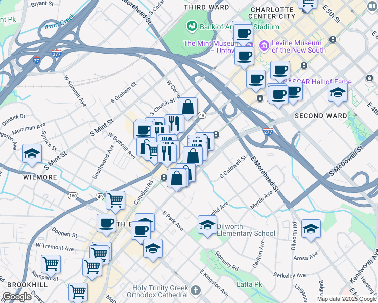 map of restaurants, bars, coffee shops, grocery stores, and more near 310 Arlington Avenue in Charlotte