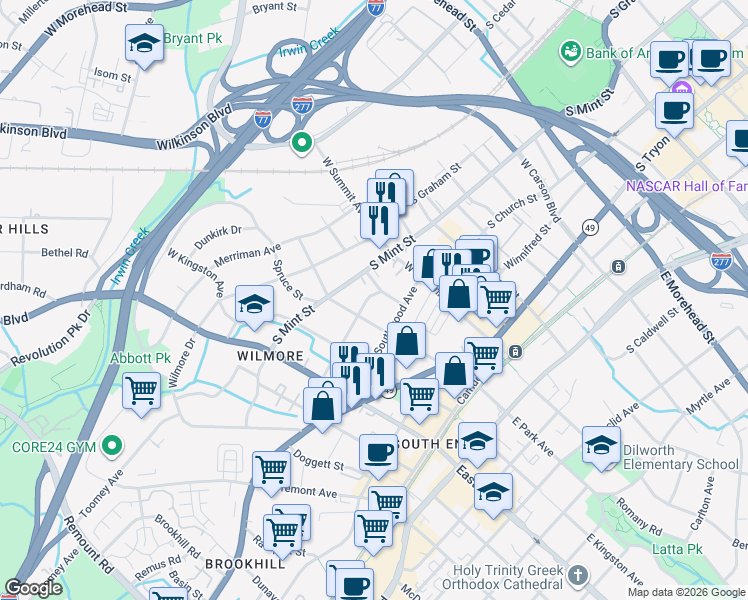 map of restaurants, bars, coffee shops, grocery stores, and more near in Charlotte