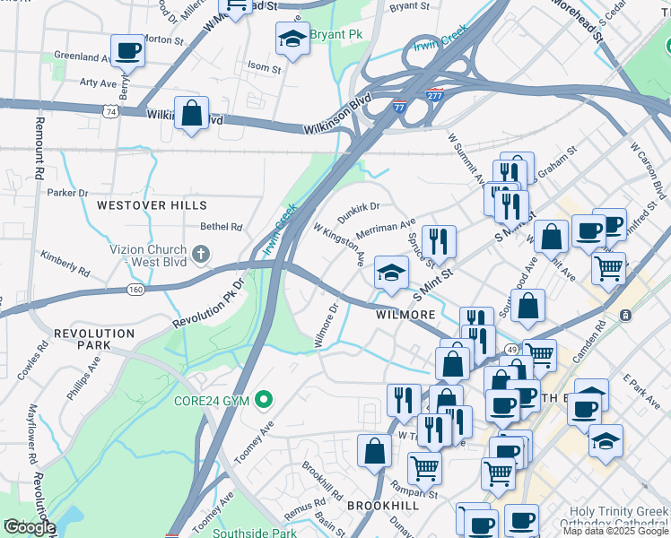 map of restaurants, bars, coffee shops, grocery stores, and more near in Charlotte