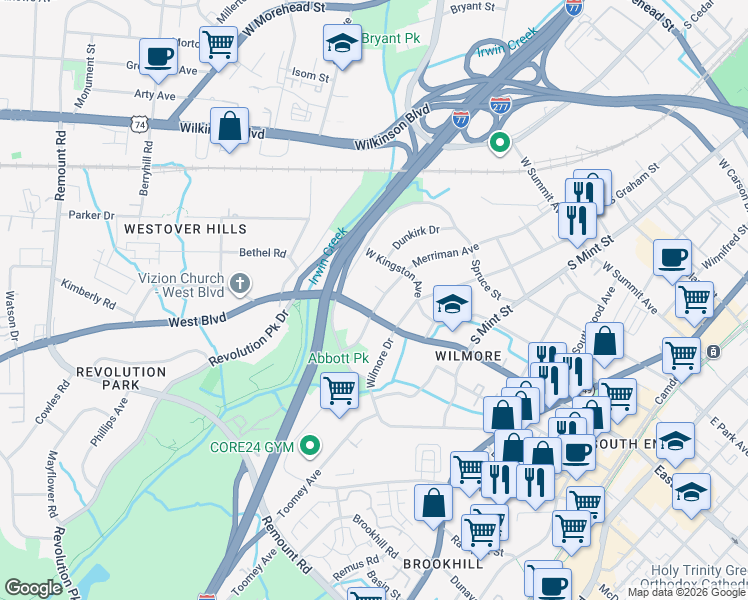 map of restaurants, bars, coffee shops, grocery stores, and more near in Charlotte