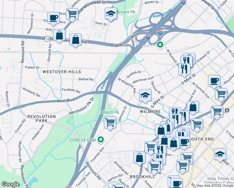 map of restaurants, bars, coffee shops, grocery stores, and more near 815 West Boulevard in Charlotte