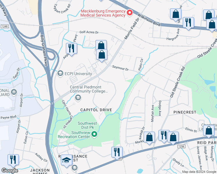 map of restaurants, bars, coffee shops, grocery stores, and more near 2900 Capitol Drive in Charlotte