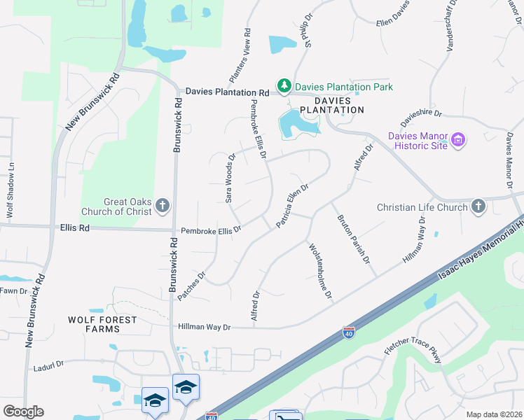 map of restaurants, bars, coffee shops, grocery stores, and more near 3337 Patricia Ellen Drive in Memphis