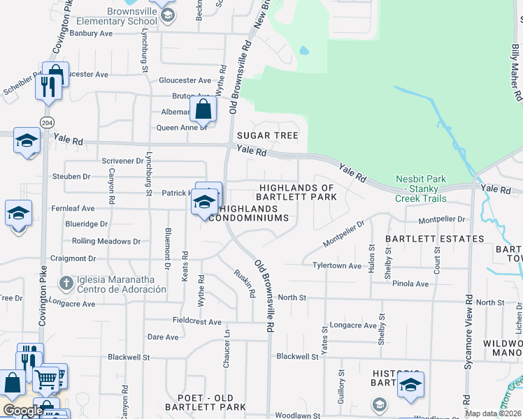 map of restaurants, bars, coffee shops, grocery stores, and more near 3355 Coachouse Cove in Bartlett