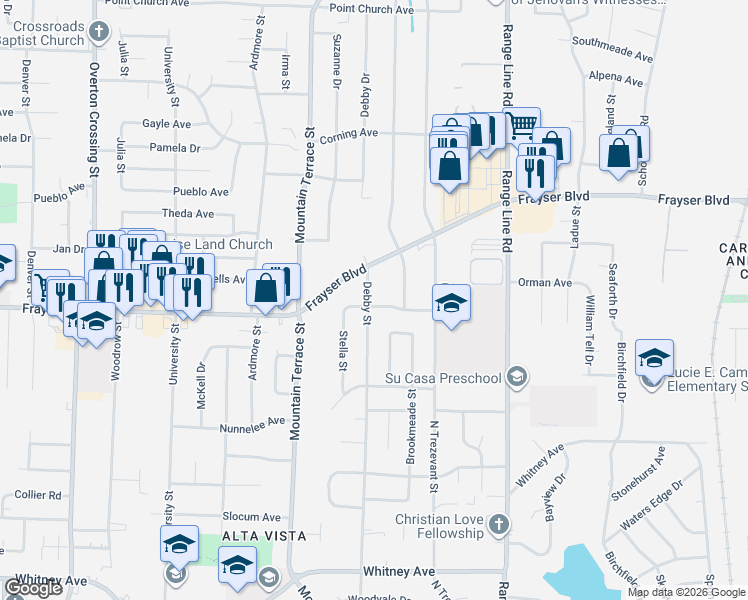 map of restaurants, bars, coffee shops, grocery stores, and more near 3347 Debby Street in Memphis