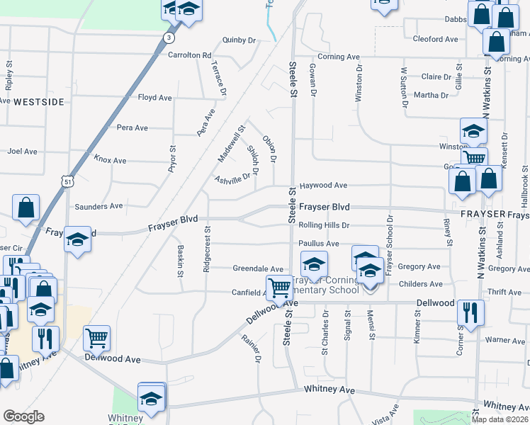 map of restaurants, bars, coffee shops, grocery stores, and more near 1420 Rolling Hills Drive in Memphis