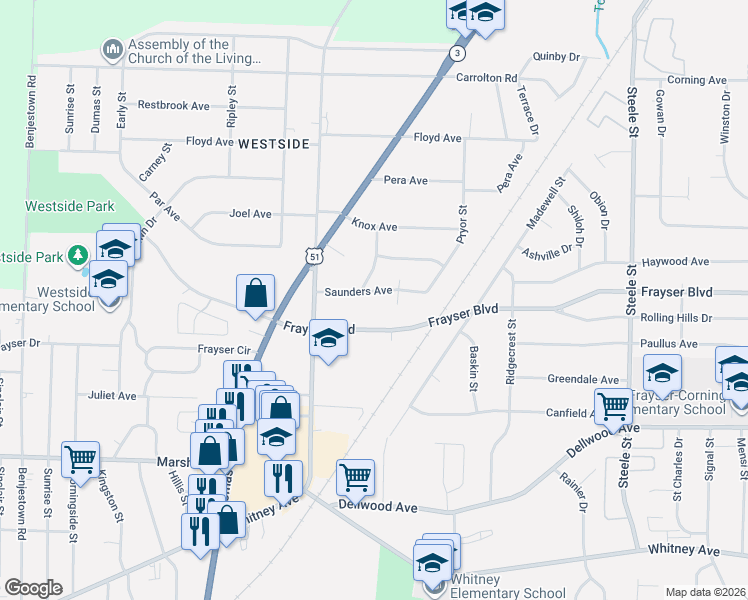 map of restaurants, bars, coffee shops, grocery stores, and more near 1148 Frayser Boulevard in Memphis