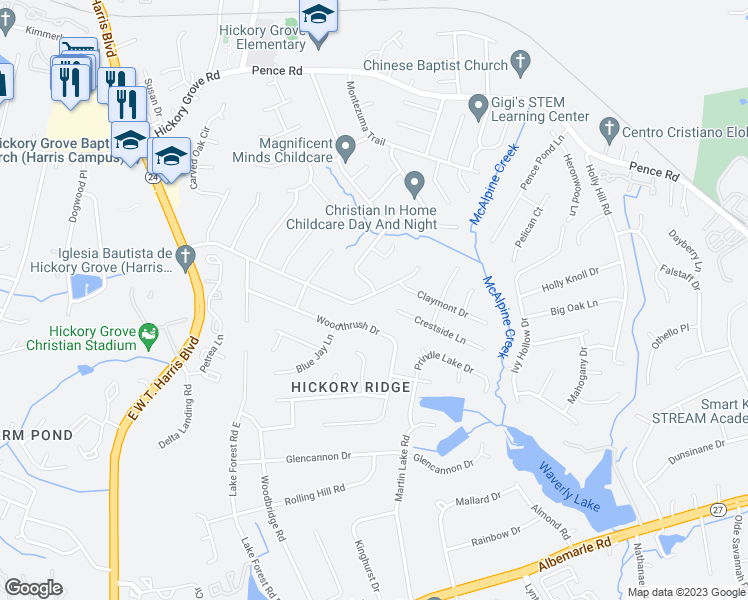 map of restaurants, bars, coffee shops, grocery stores, and more near 6244 Trysting Road in Charlotte