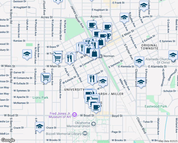 map of restaurants, bars, coffee shops, grocery stores, and more near 224 West Eufaula Street in Norman