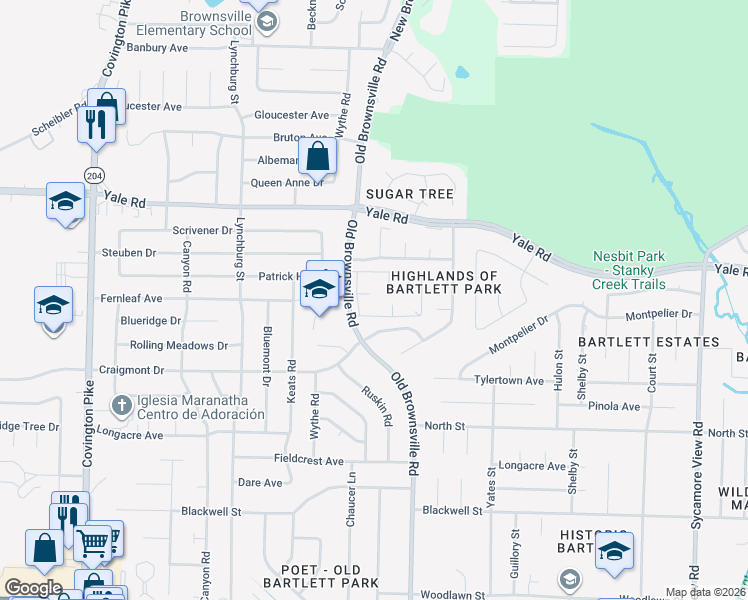 map of restaurants, bars, coffee shops, grocery stores, and more near 3355 Coachouse Cove in Bartlett
