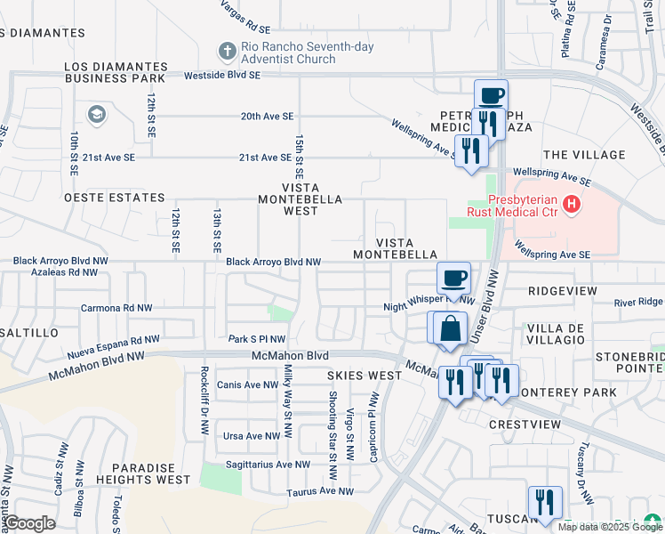 map of restaurants, bars, coffee shops, grocery stores, and more near 5931 Night Rose Avenue Northwest in Albuquerque