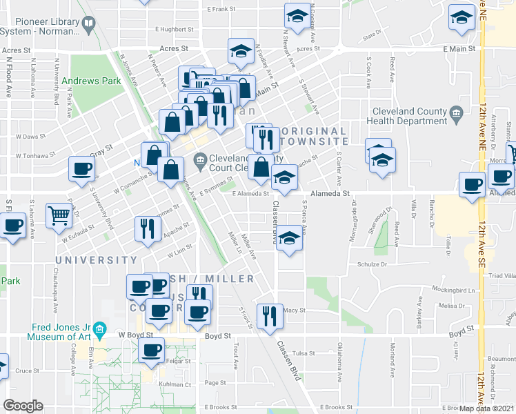 map of restaurants, bars, coffee shops, grocery stores, and more near 311 Castro Street in Norman