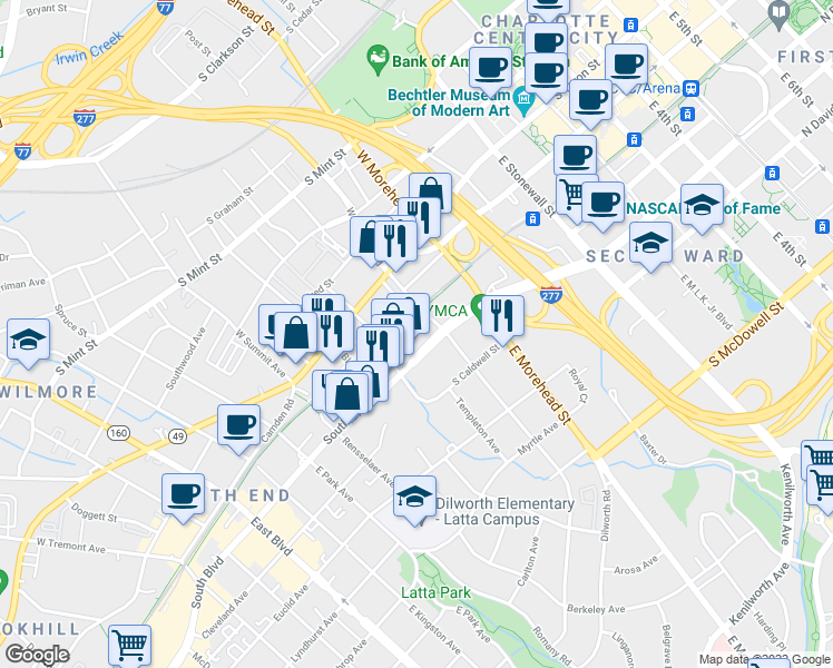 map of restaurants, bars, coffee shops, grocery stores, and more near in Charlotte