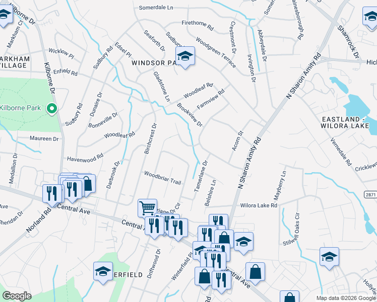 map of restaurants, bars, coffee shops, grocery stores, and more near 5224 Carriage Drive Circle in Charlotte