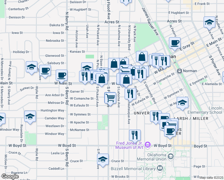 map of restaurants, bars, coffee shops, grocery stores, and more near 131 South Flood Avenue in Norman