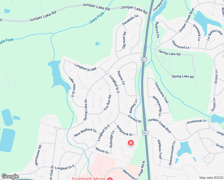map of restaurants, bars, coffee shops, grocery stores, and more near 250 Fox Run Road in Pinehurst