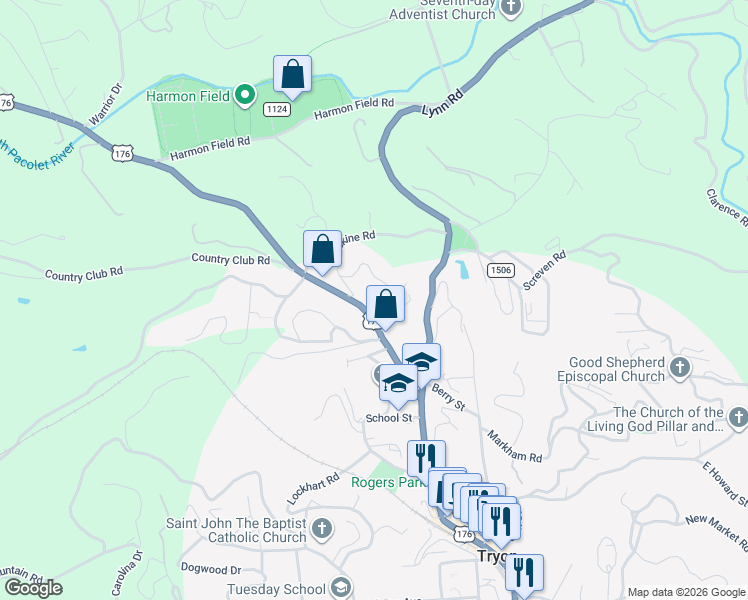 map of restaurants, bars, coffee shops, grocery stores, and more near 706 North Trade Street in Tryon