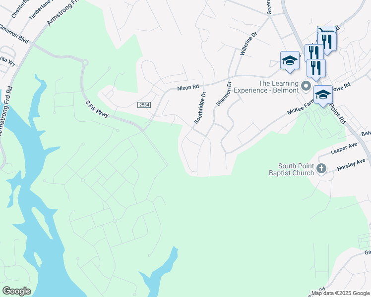 map of restaurants, bars, coffee shops, grocery stores, and more near 2161 Southridge Drive in Belmont