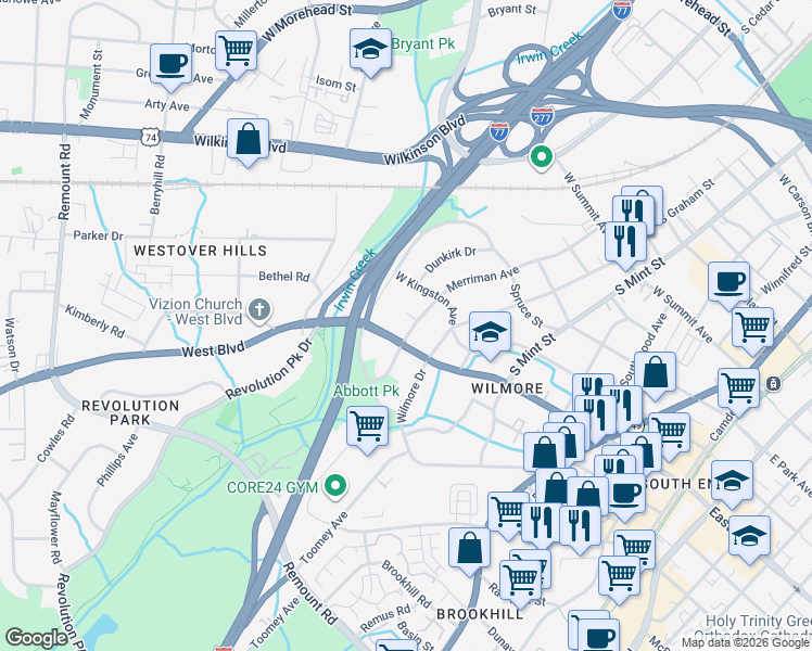 map of restaurants, bars, coffee shops, grocery stores, and more near in Charlotte