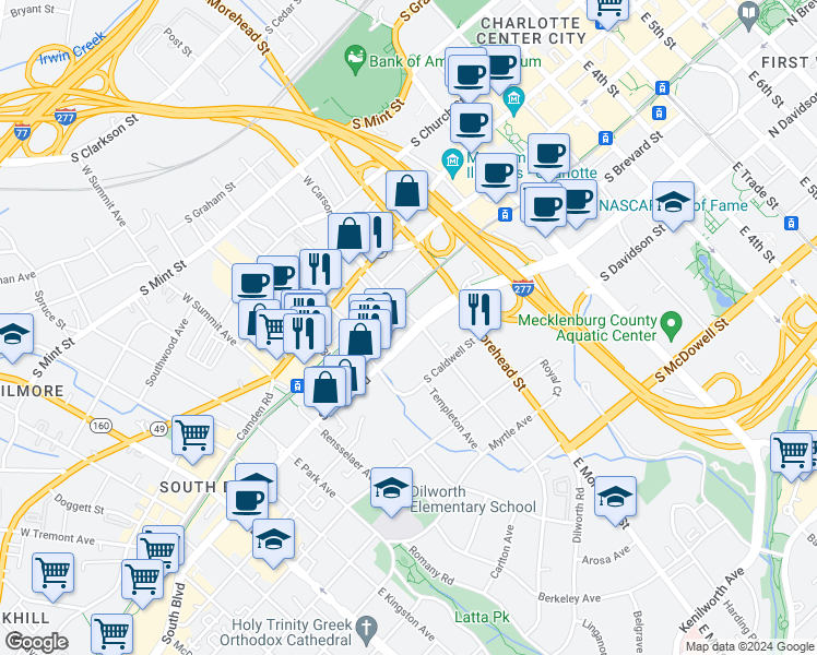 map of restaurants, bars, coffee shops, grocery stores, and more near 1100 South Boulevard in Charlotte