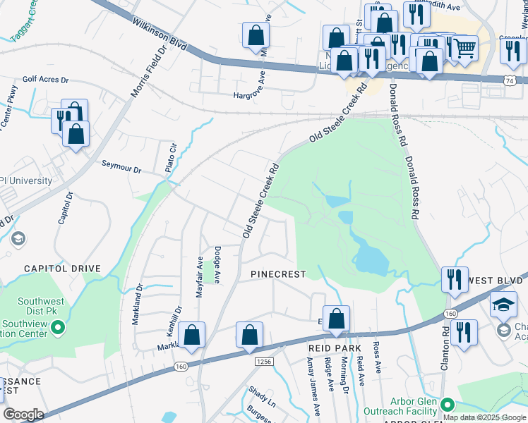 map of restaurants, bars, coffee shops, grocery stores, and more near 2401 Westgrove Drive in Charlotte