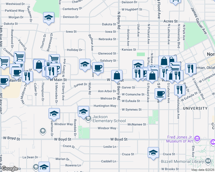 map of restaurants, bars, coffee shops, grocery stores, and more near 1306 Ann Arbor Drive in Norman