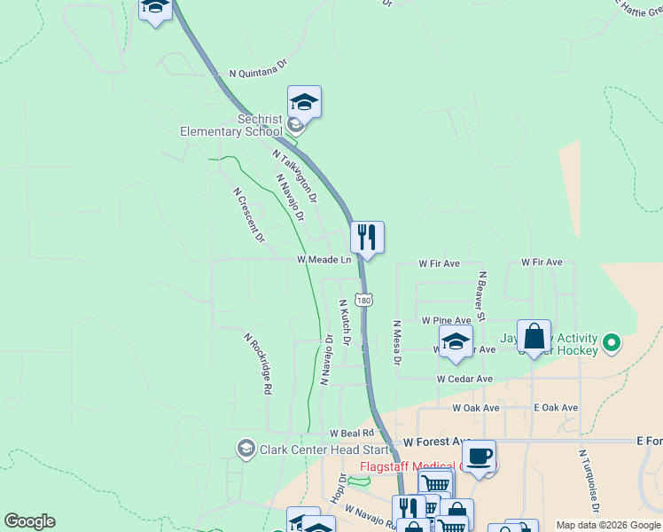 map of restaurants, bars, coffee shops, grocery stores, and more near 1730 North Navajo Drive in Flagstaff