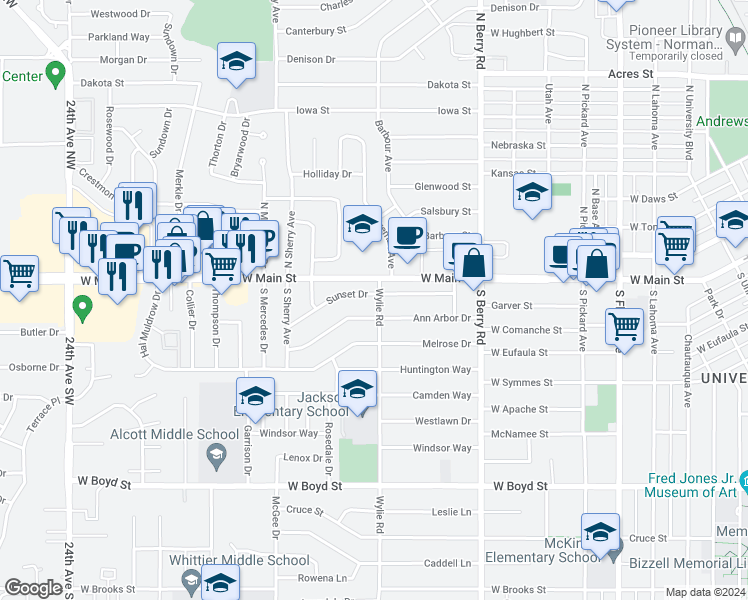 map of restaurants, bars, coffee shops, grocery stores, and more near 1500 Sunset Drive in Norman